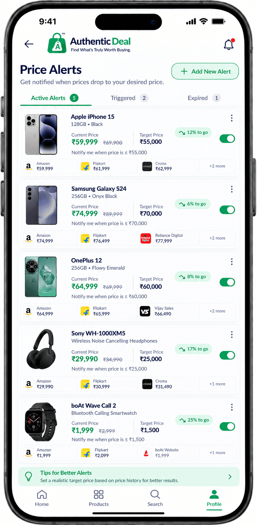 Authentic Deal price alerts screen listing active alerts with target prices