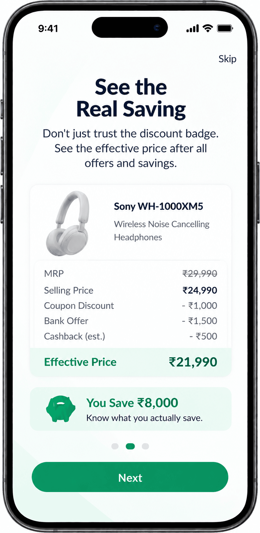 Authentic Deal onboarding screen explaining the effective price after coupons, bank offers and cashback