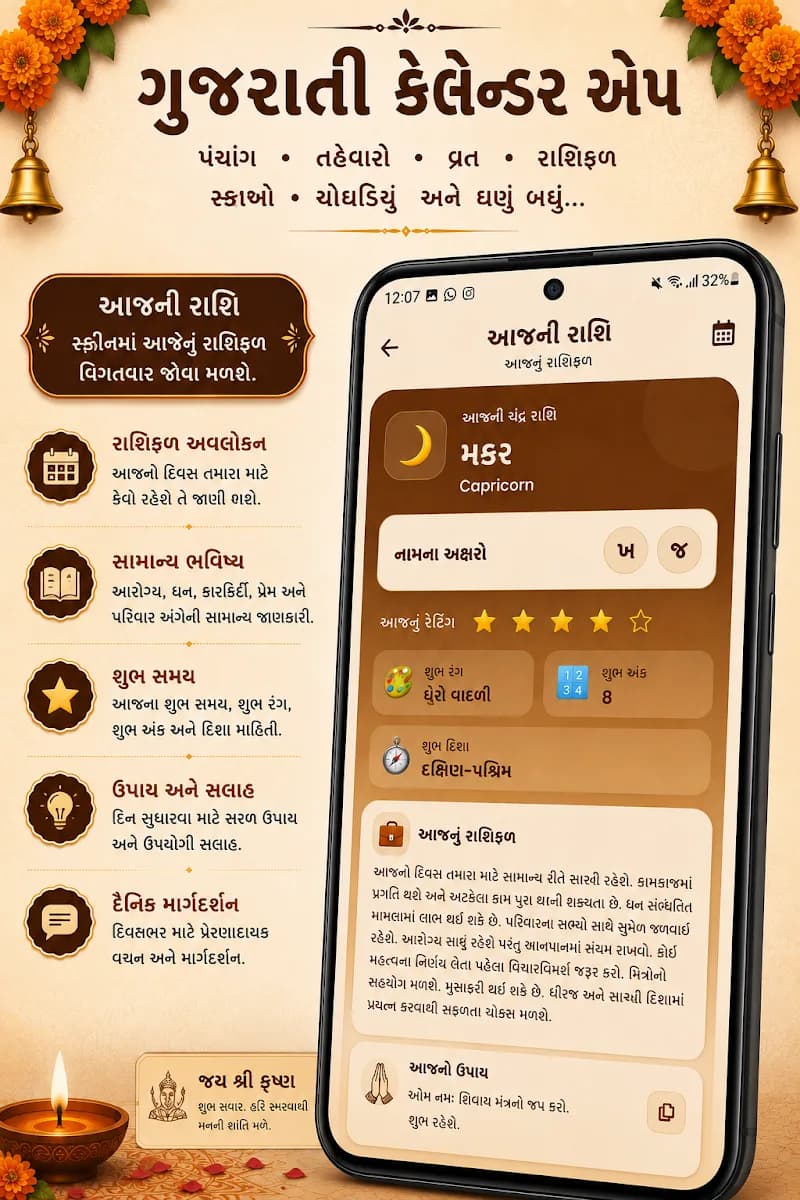 Gujarati Calendar daily horoscope screen with rashi details