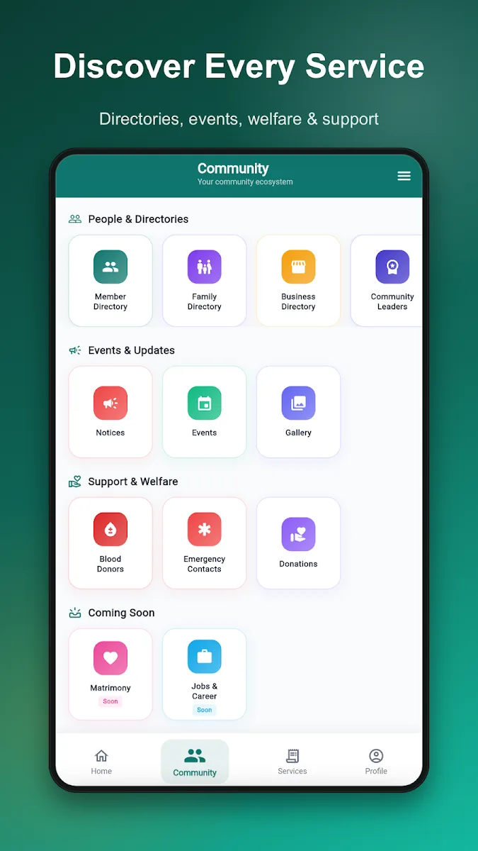 Satvara Community services screen with directories, events and support tools