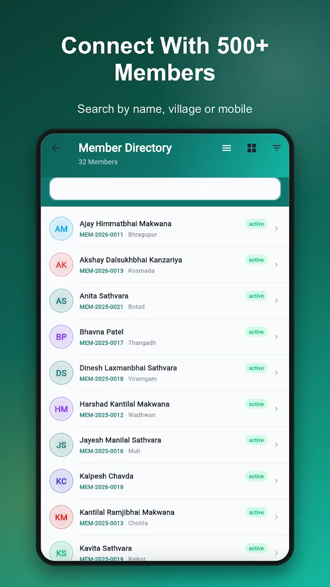 Satvara Community member directory with search by name, village or mobile