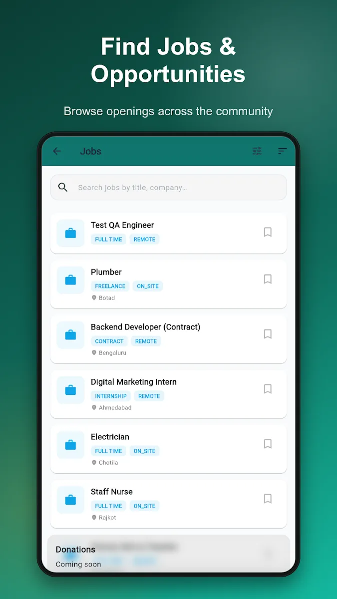 Satvara Community jobs screen for browsing community opportunities