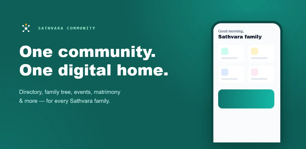 Satvara Community feature graphic describing directory, family, events and more