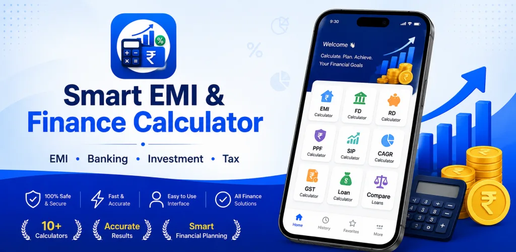 Smart EMI & Finance Calculator feature graphic with EMI, banking, investment and tax tools